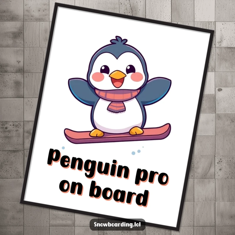Funny joyful penguin mid-air with a snowboard, instant digital art print for a humorous winter sports theme.