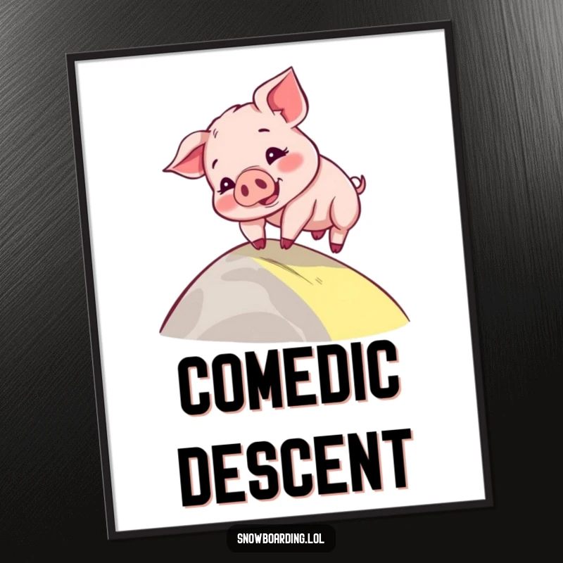 Funny digital art print of a playful piglet comically wobbling down a gentle slope, a cartoon character bringing instant adorable charm.