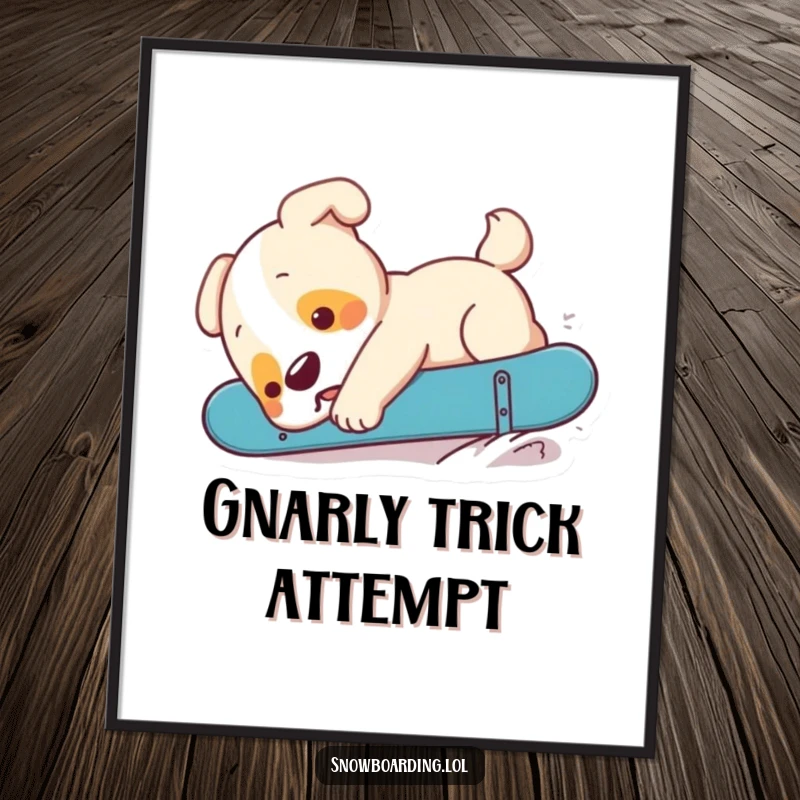 Funny puppy mid-air, legs akimbo after a snowboard trick, a high-res digital print for hilarious wall art.