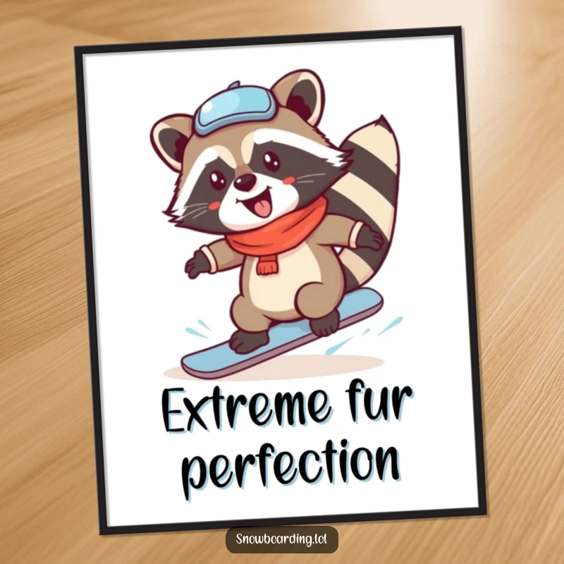 Funny Raccoon Snowboard Spin Digital Art Print, capturing a moment of ultimate winter sports joy and playful motion.