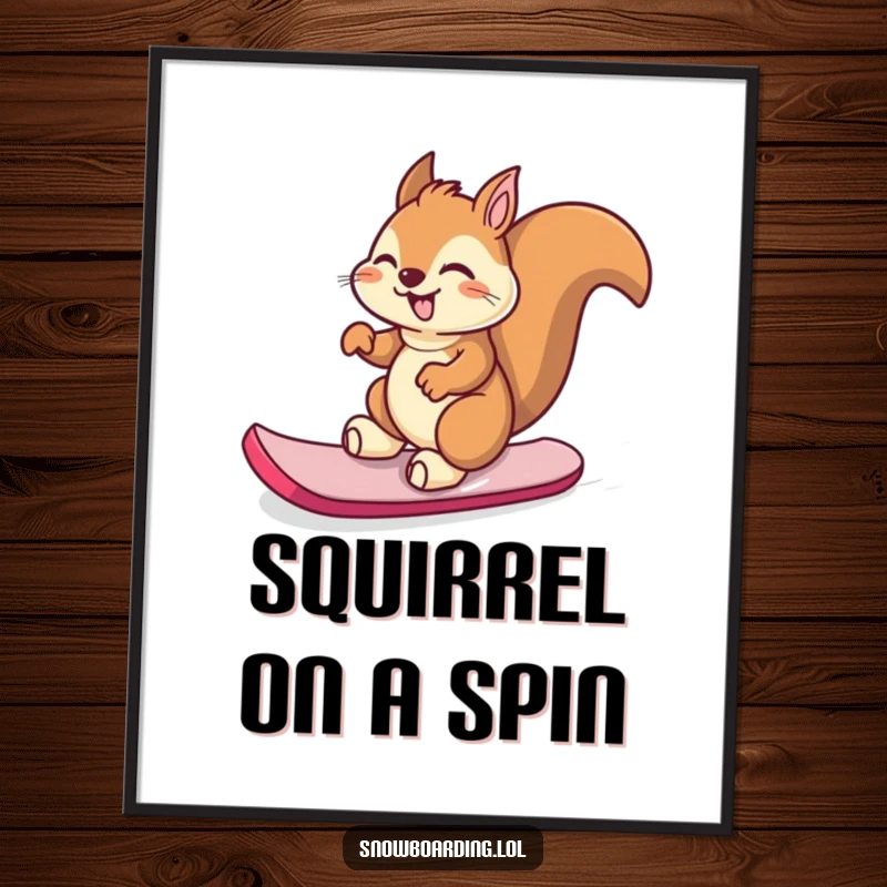 Funny giggling squirrel spinning on its snowboard, a digital art print for instantly joyful decor.