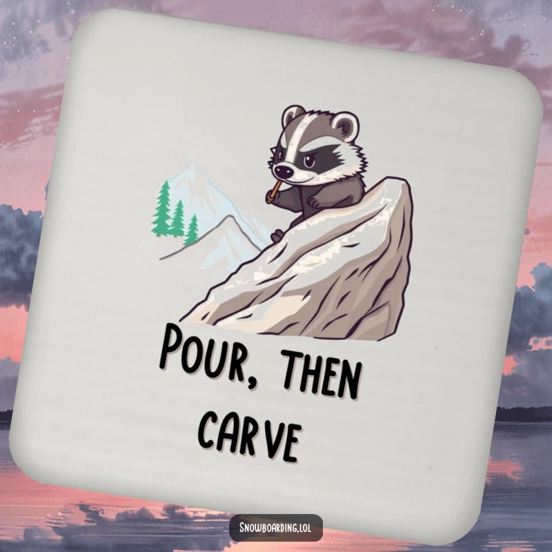 Funny drink coasters set featuring a brave badger smoothly snowboarding down a mountain, offering humorous protection for tables, a stylish gift.