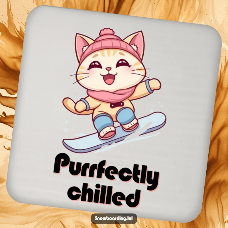 Funny drink coaster with a curious cat snowboarding a turn, protecting surfaces with a humorous and cool cat design.