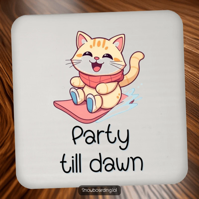 Funny grinning cat sliding on a snowboard with windblown fur on a drink coaster.