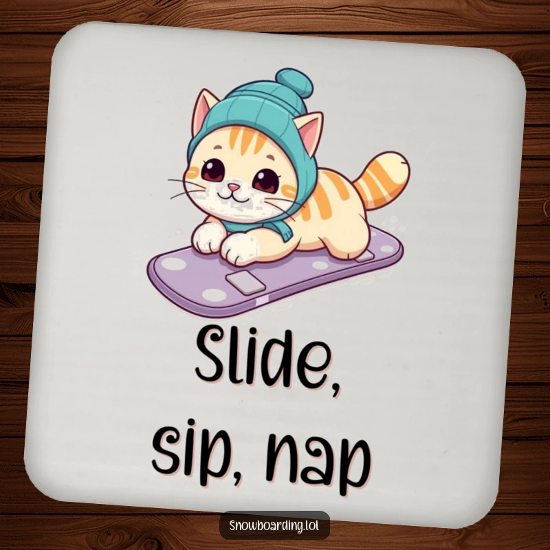 Funny drink coasters featuring a curious cat sliding on its belly on a snowboard, adding humorous protection to any table.