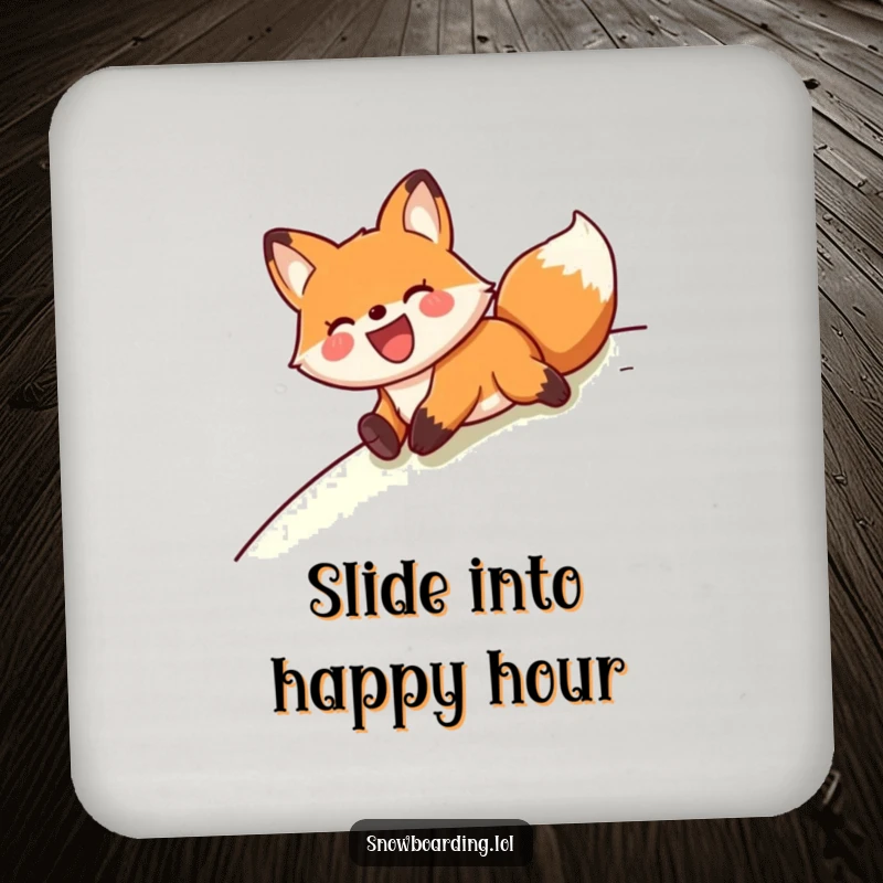 Funny joyful fox sliding on its belly, designed as a protective and humorous drink coaster.