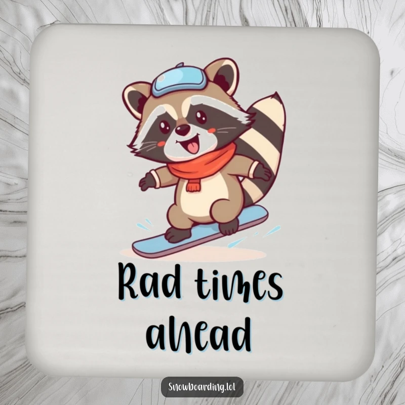 Funny Raccoon Snowboard Coaster, showcasing a character mid-spin, adding winter sports humor and surface protection.