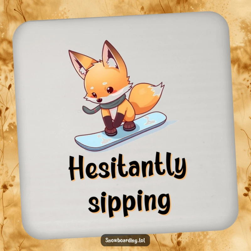 Funny curious fox cautiously testing its snowboard edge on a drink coaster, humorous and protective.