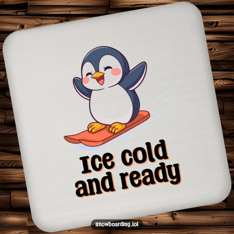 Funny joyful penguin carving down a snowy slope on a snowboard on a drink coaster.