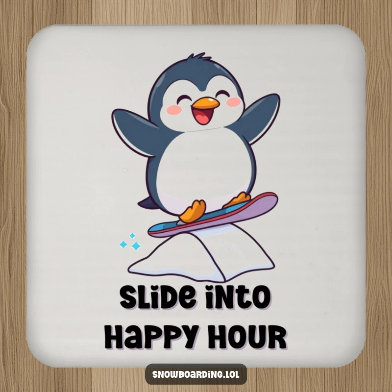 Funny drink coaster with a joyful penguin snowboarding, protecting surfaces with a humorous and cool winter design.