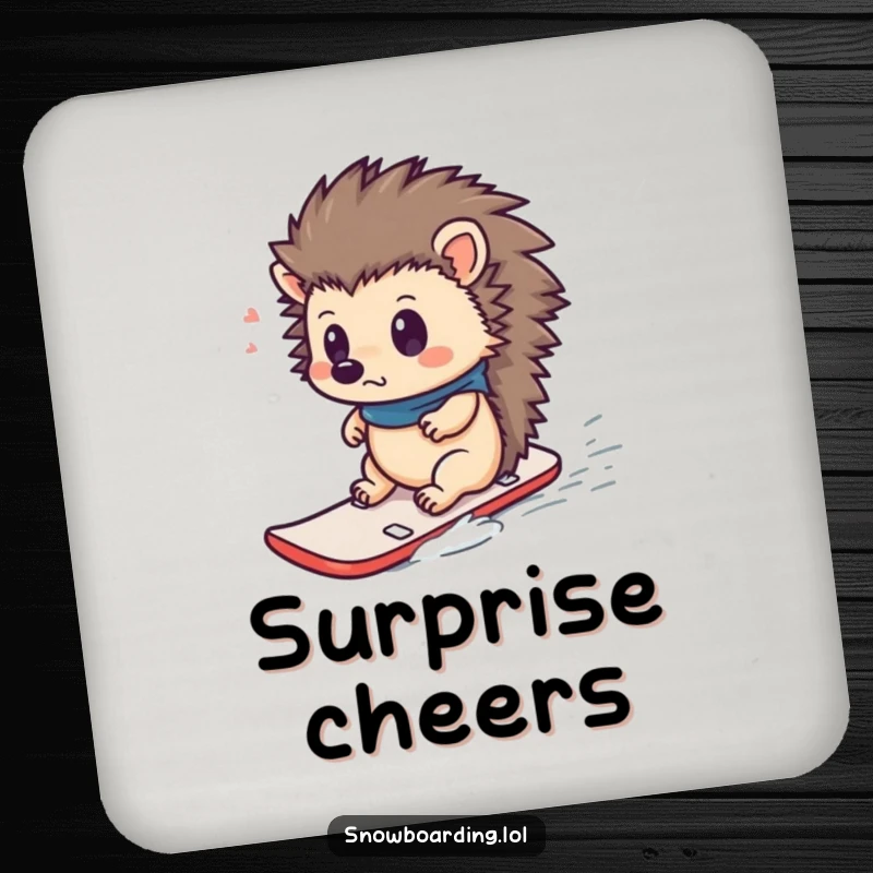 Funny drink coaster featuring a curious hedgehog looking surprised while riding a tiny snowboard, protecting surfaces with humor.