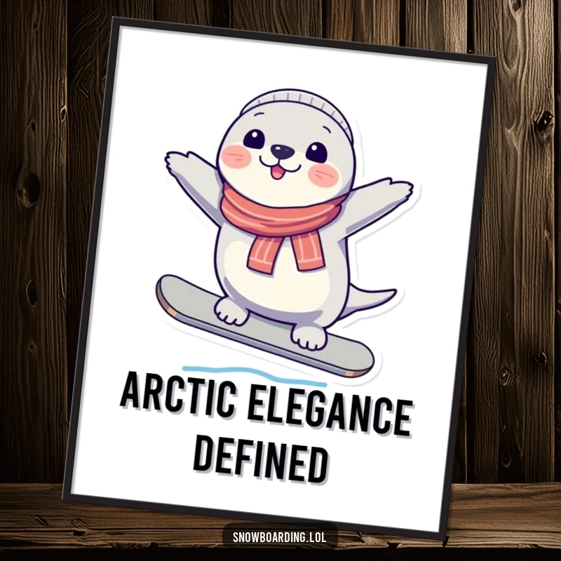 Funny Seal Snowboard Poster, showing a cheerful character in perfect balance, adding joyful winter sports art to any space.
