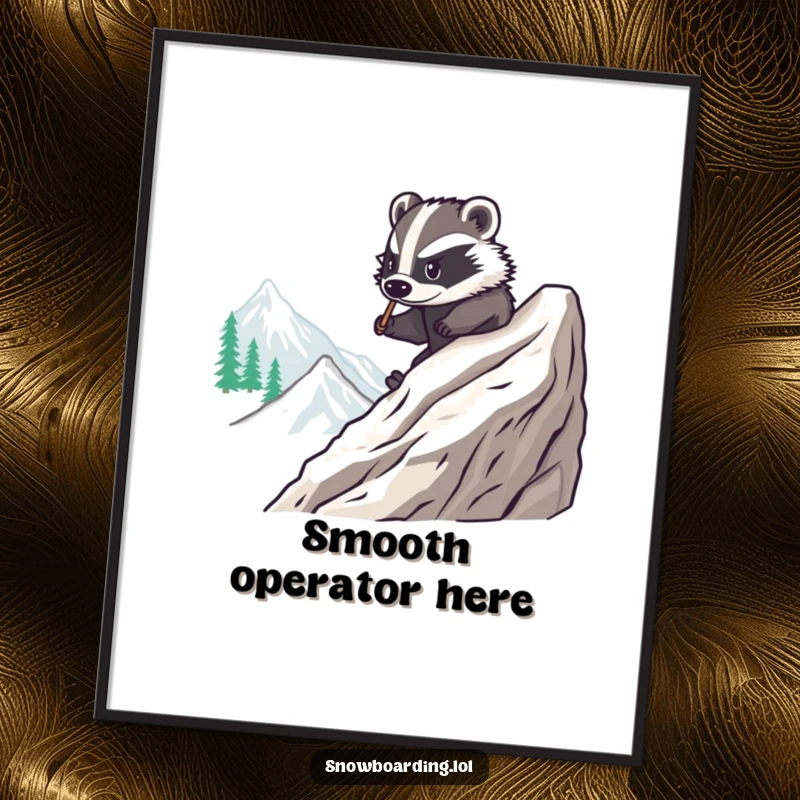 Funny poster of a brave badger expertly snowboarding down a mountain, showcasing smooth turns and a humorous, skilled performance.