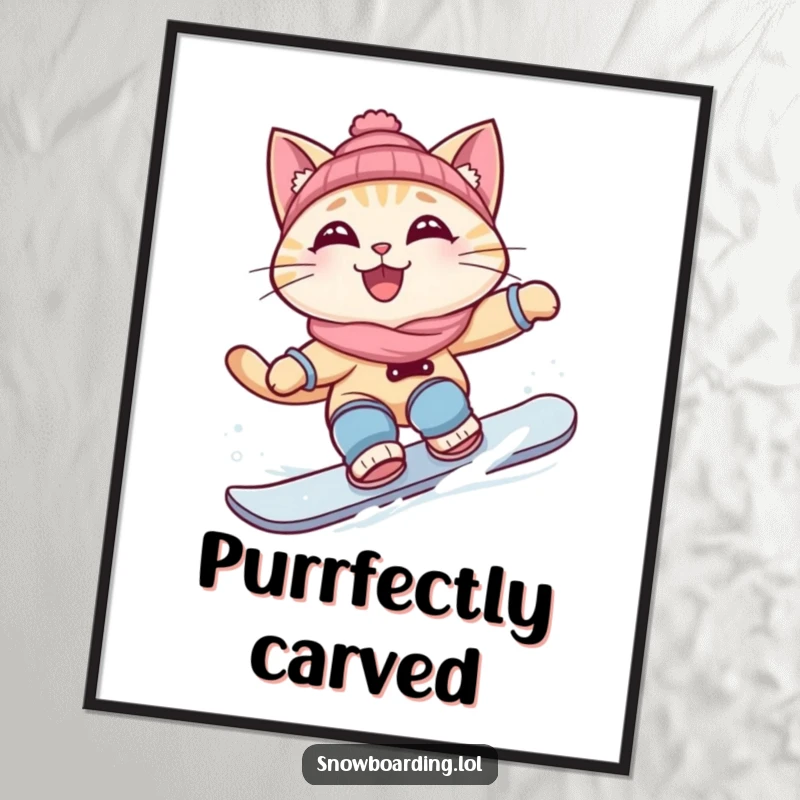 Funny poster of a curious cat grinning while snowboarding a turn, full of cool rider attitude.