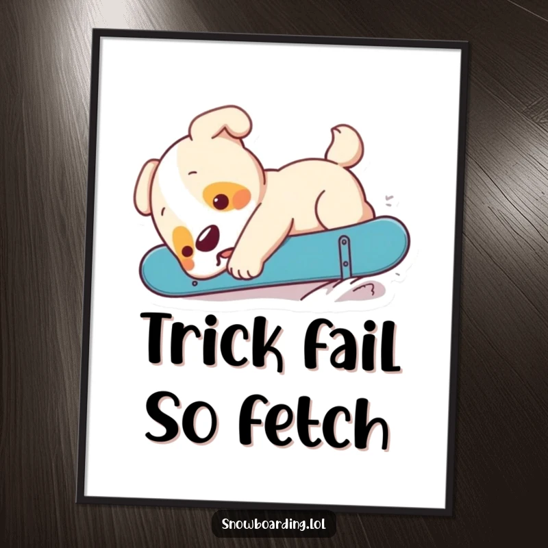 Funny puppy adorably failing at snowboarding, captured in a hilarious artistic print for heartwarming decor.