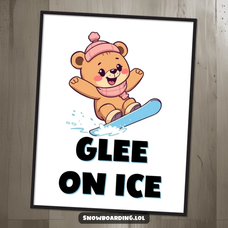 Funny Snowboard Bear Cub Poster: A joyful bear cub carving sharp turns on a snowboard, embodying winter's exhilaration.