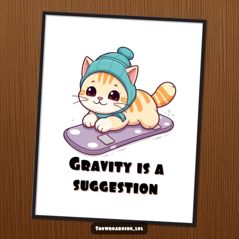 Funny poster print of a curious cat hilariously sliding on its belly down a snowy slope on a snowboard, bringing humorous charm.
