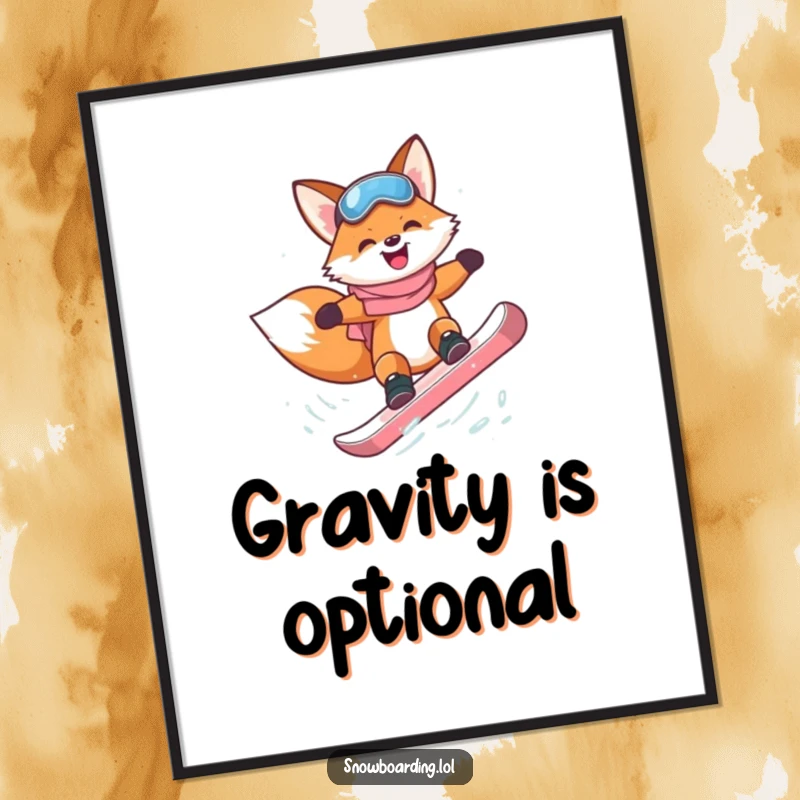 Funny happy fox attempting a flip on a snowboard, printed as a poster.