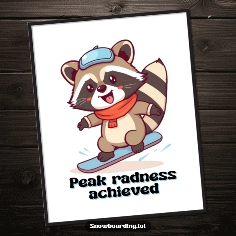 Funny Raccoon Snowboard Spin Poster, showcasing a joyous character mid-trick, bringing dynamic winter energy to any space.