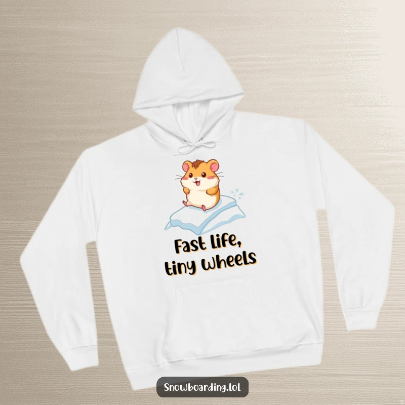 Funny hoodie showing a cheerful hamster racing down a small icy incline, depicting a fast and funny wintery scene.