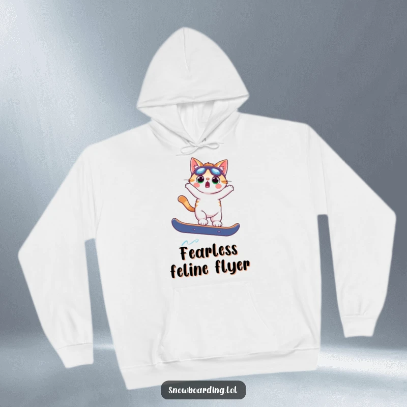 Funny surprised cat in a comical mid-air snowboard tumble, a hilarious depiction of winter sports chaos for cozy wear.
