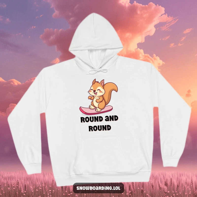 Funny giggling squirrel spinning on its snowboard, a warm and humorous hoodie for winter fun.