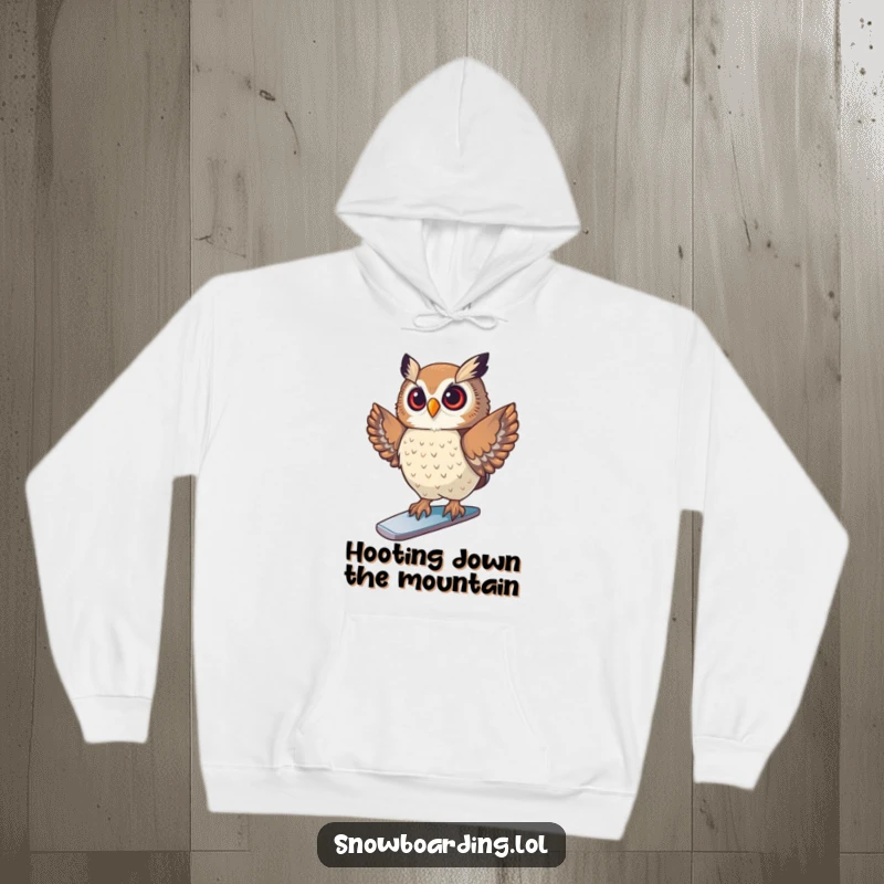 Funny Hoodie featuring a proud owl striking a pose on a snowboard, offering warm humor for winter sports enthusiasts and cool cats.