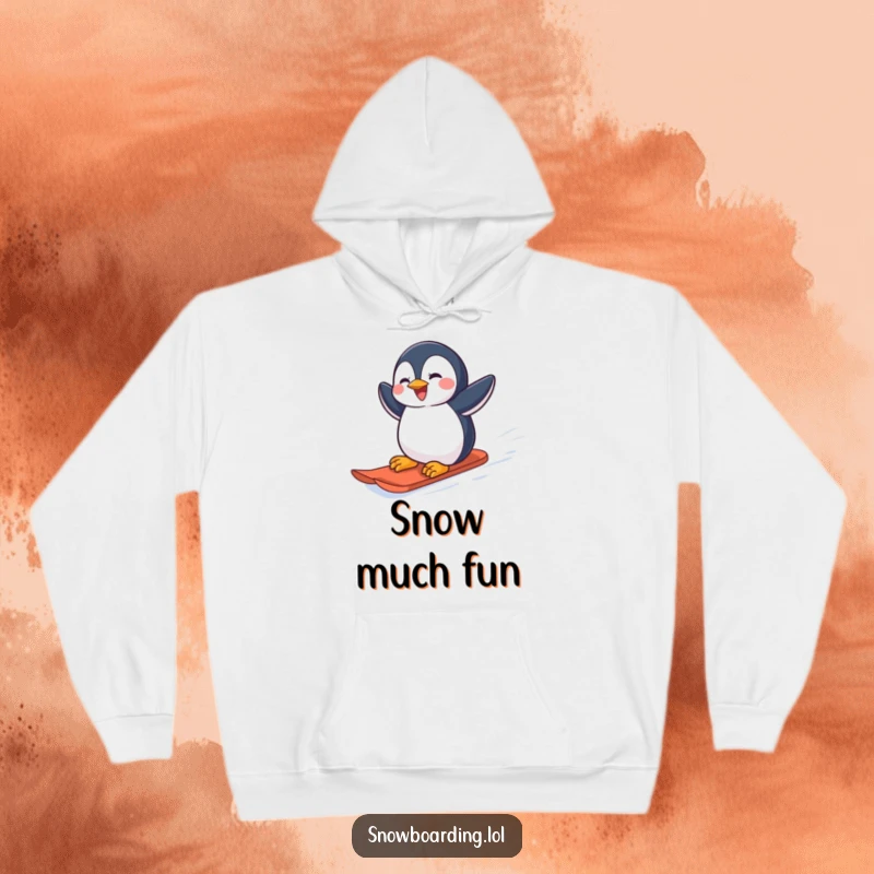 Funny joyful penguin carving down a snowy slope on a snowboard, featured on a hoodie.