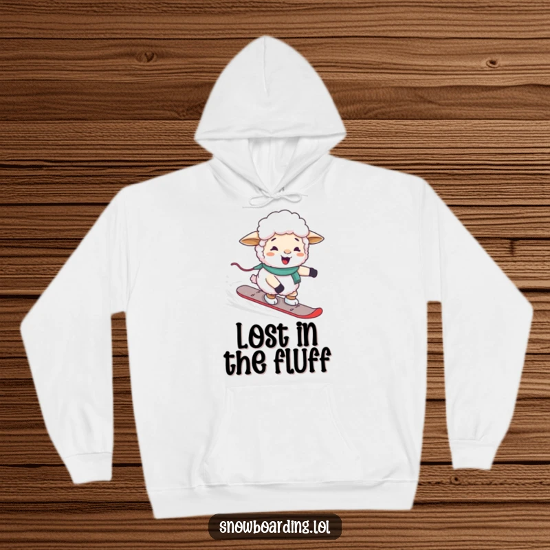 A cozy hoodie featuring a funny, giggling sheep awkwardly attempting to snowboard.