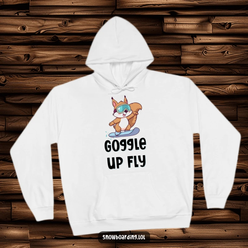 Funny Squirrel Snowboard Hoodie: A determined squirrel in goggles performing a snowboard trick, offering warmth and humor.