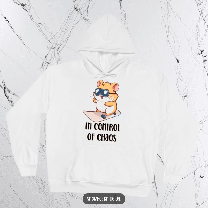 Funny Hamster Hoodie, showing a curious character trying to steer a snowboard, perfect for cozying up in winter.