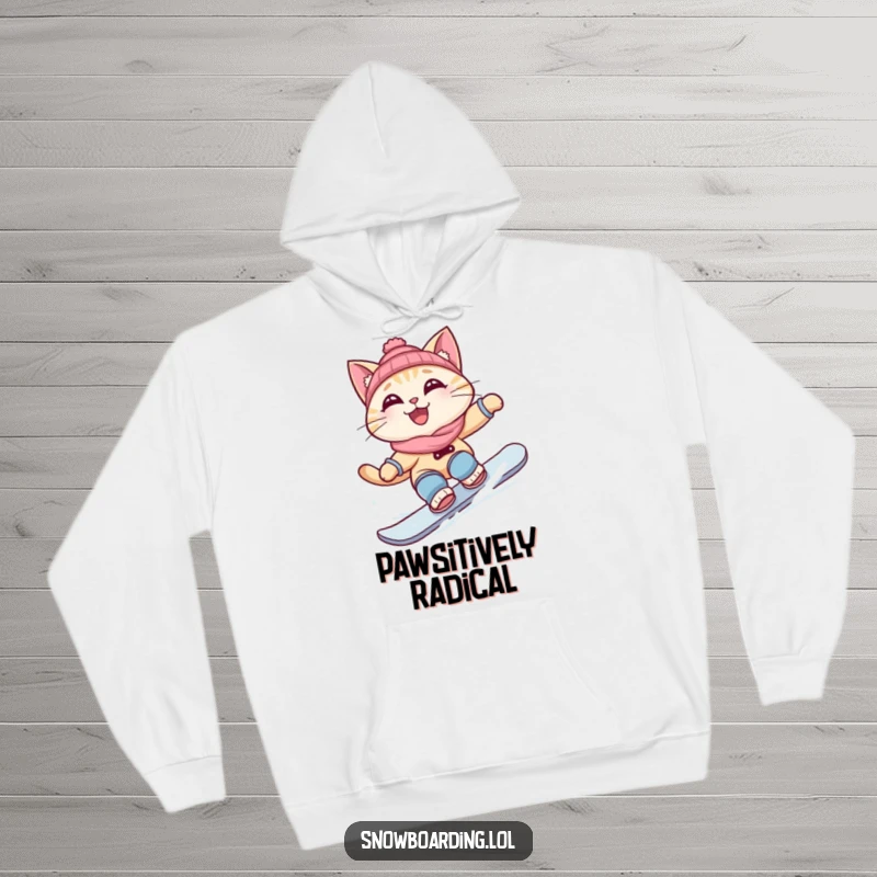 Funny hoodie featuring a curious cat carving a snowboard turn, offering warmth and cool, humorous cat design.