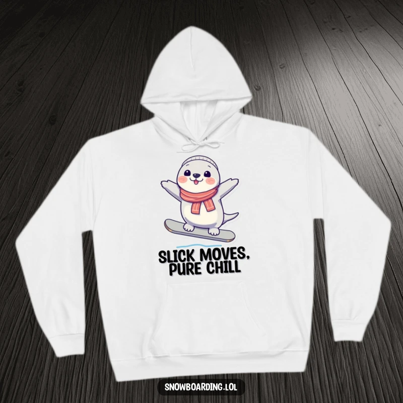 Funny Seal Hoodie, capturing a cheerful character in a stable balance on a snowboard, great for cozy winter days.