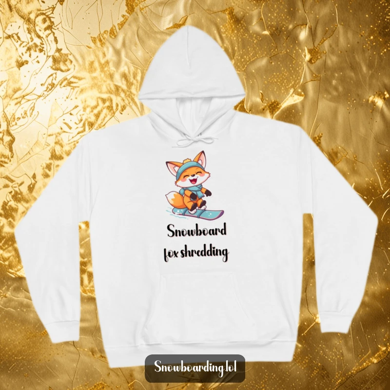 Funny hoodie showing a joyful fox catching air on a snowboard, grinning with excitement against a snowy mountain backdrop.