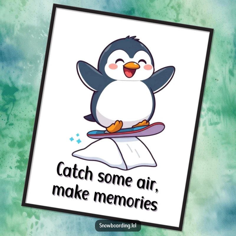 Funny Free Printable Wall Art: Joyful Penguin Mid-Air Snowboard Jump off a Ramp, Creating a Dynamic Scene