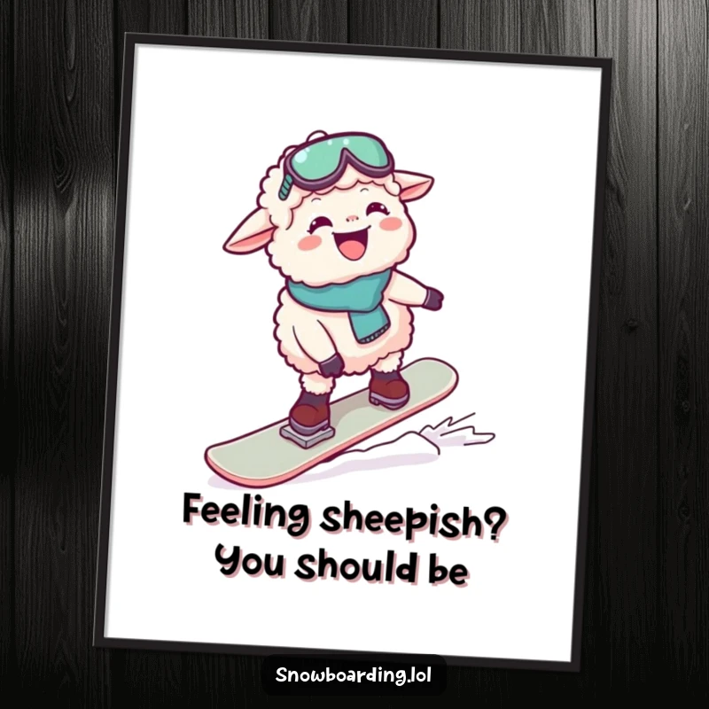 Funny Free Printable Wall Art: A gleeful sheep hilariously attempts to snowboard down a snowy hill.