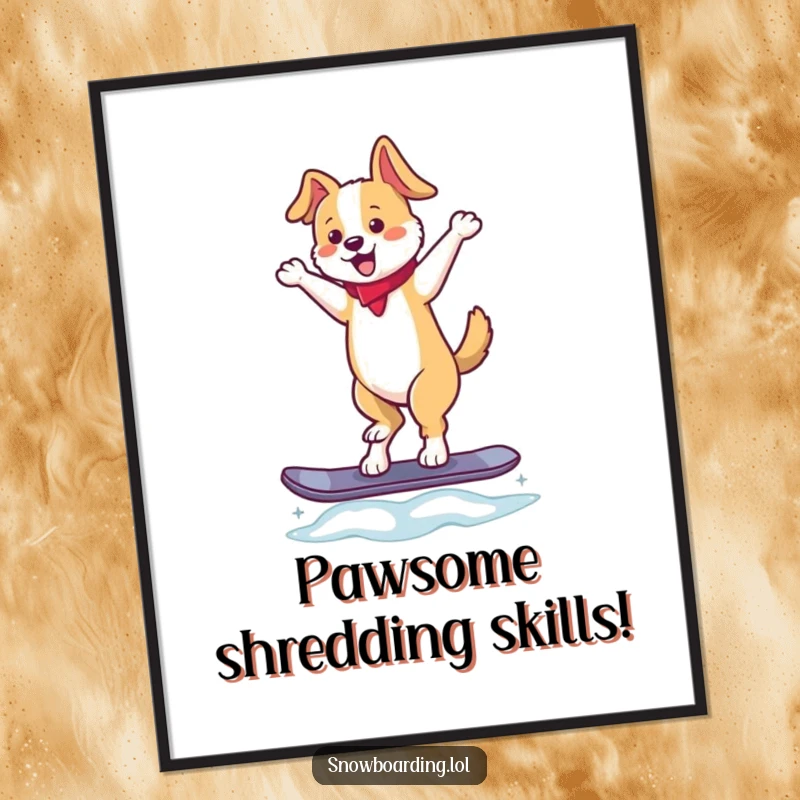 Funny Free Printable Wall Art: A dancing dog in peak form balances on a snowboard, bringing quirky charm to any space.