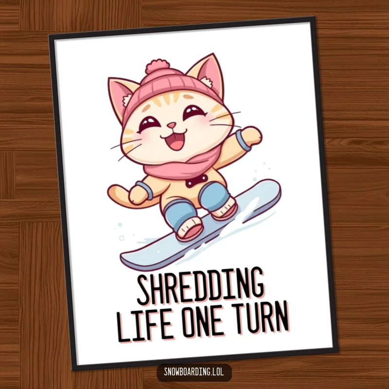 Funny Free Printable Wall Art: Curious Cat Carving a Snowboard Turn, Grinning with Ultimate Coolness