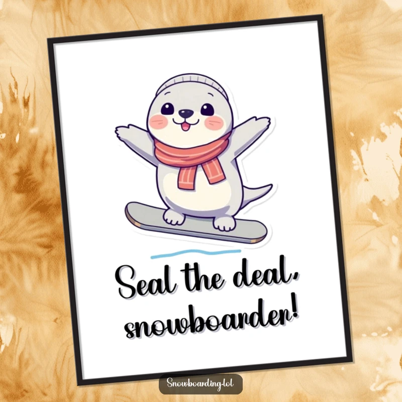 Funny free printable wall art: a cheerful seal expertly balancing on a snowboard, radiating joy and cool ski vibes.
