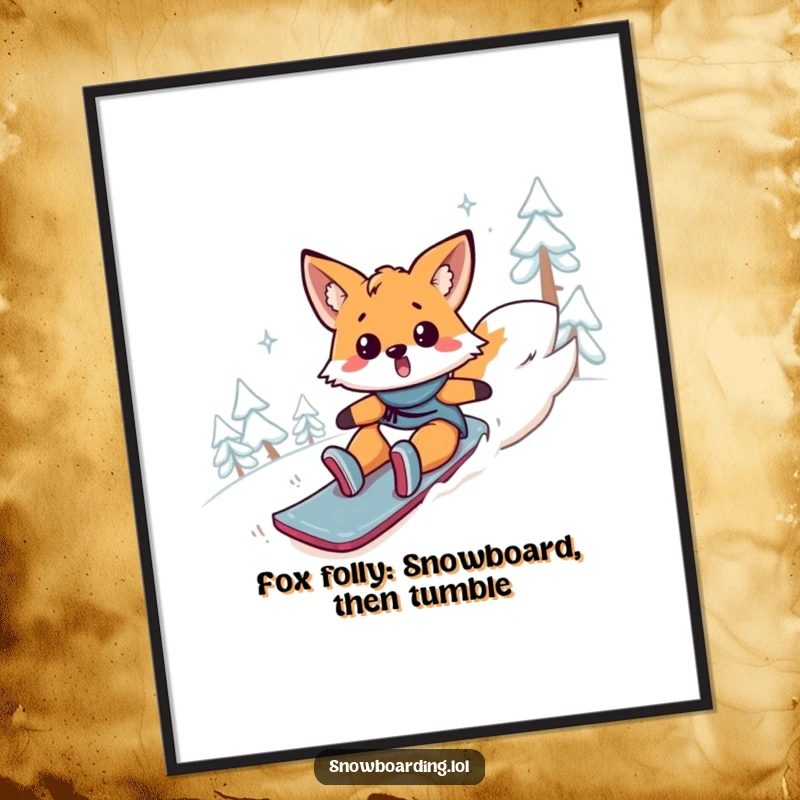 Funny Free Printable Wall Art: A surprised fox comically tumbles headfirst down a snowy mountain on a snowboard, embracing the hilarious chaos.