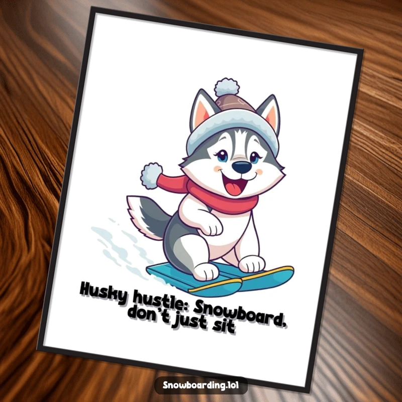 Funny Free Printable Wall Art: A cheerful husky in a winter hat confidently snowboards down a snowy slope with pure joy.