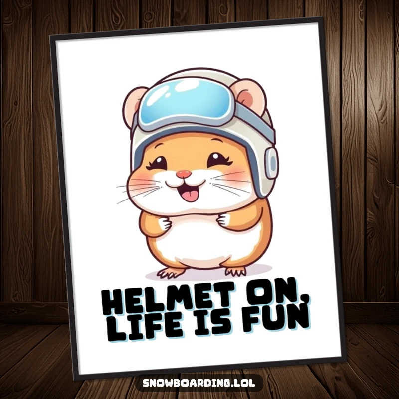 Funny Free Printable Wall Art: A hamster is shown giggling uncontrollably while wearing a tiny snowboard helmet.