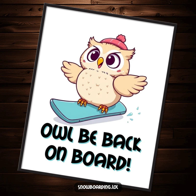 Funny Free Printable Wall Art: A surprised owl comically tumbles off its snowboard, creating a humorous and eye-catching piece.