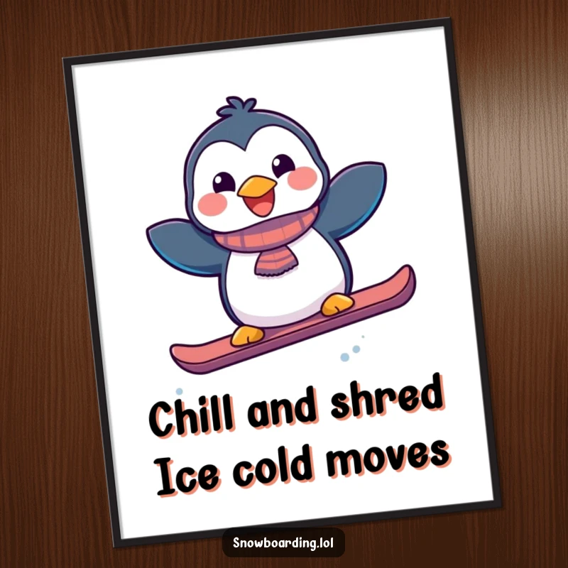 Funny free printable wall art showcasing a joyful penguin mid-air performing a playful jump with its snowboard.