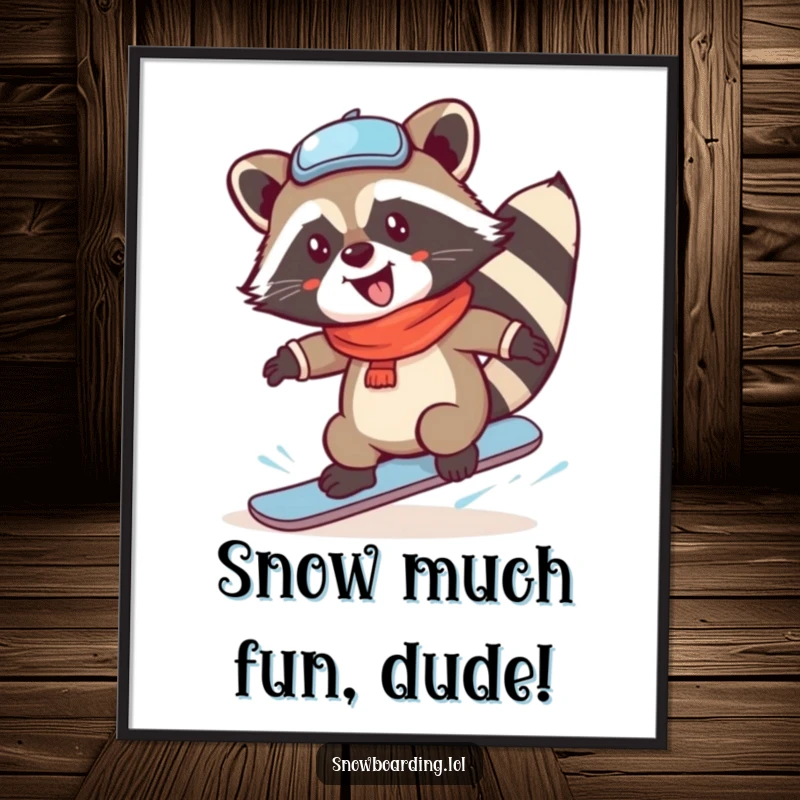Funny free printable wall art: a silly raccoon mid-snowboard spin, radiating pure joy and a love for winter sports.