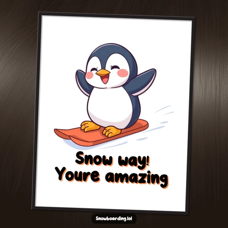 Funny Free Printable Wall Art: A joyful penguin with goggles glides down a snowy mountain on a snowboard, pure winter fun. Downloadable cartoon.