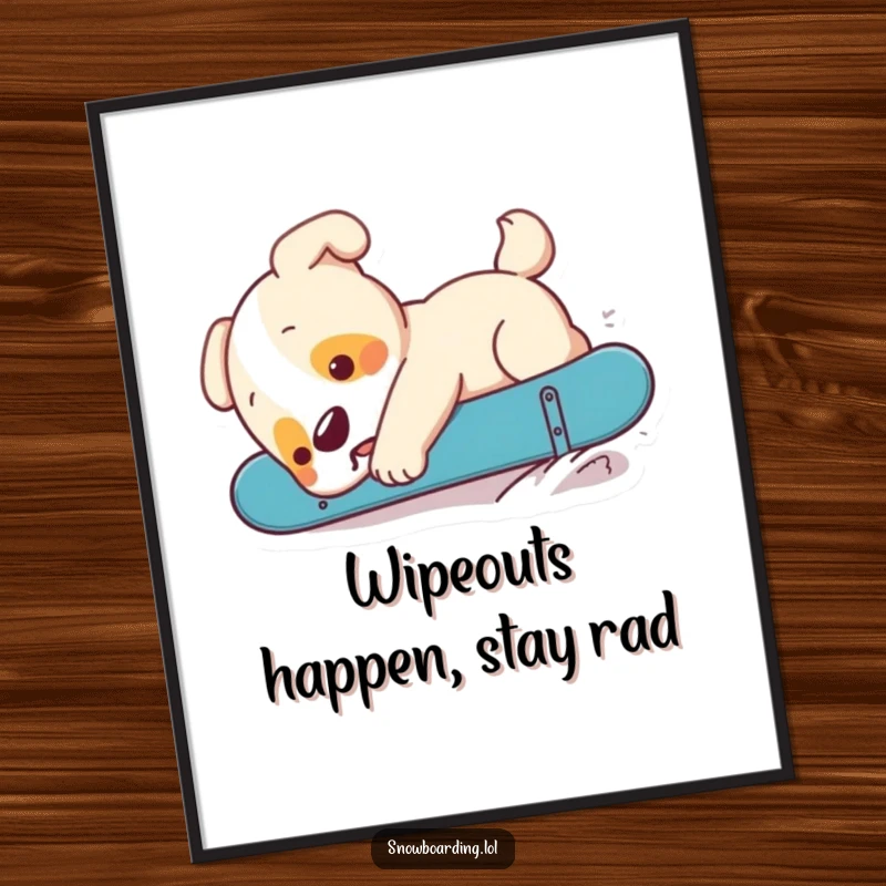 Funny Free Printable Wall Art: A playful puppy hilariously tumbles after an ambitious snowboard trick, adding comic relief to your space.