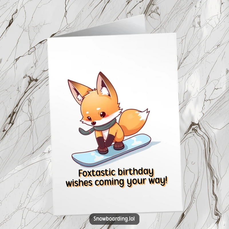 Funny free printable birthday card featuring a curious fox gingerly testing the edge of its snowboard, contemplating the slopes.
