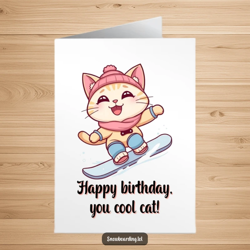 Funny Free Printable Birthday Card: Curious Cat Carving a Snowboard Turn, Grinning with Joy and Style