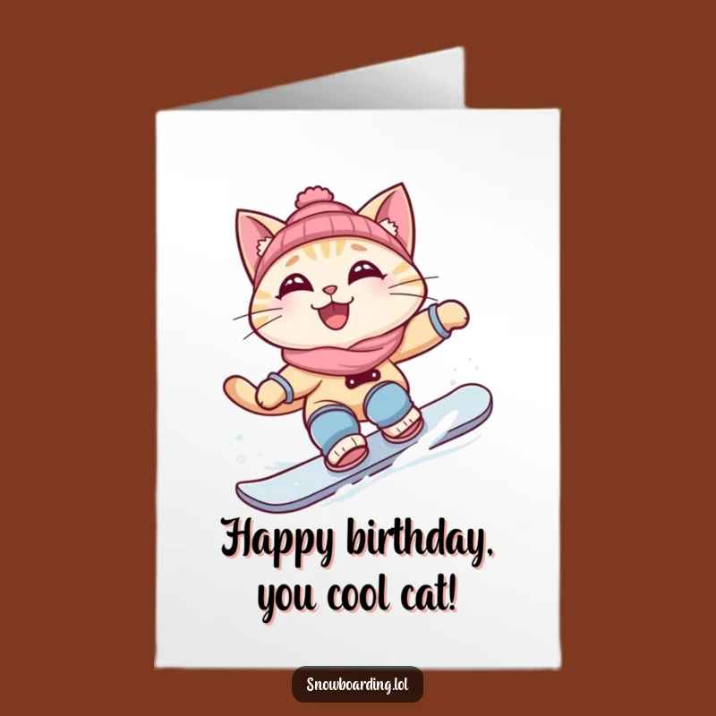 Free Printable Birthday Card: Cat Snowboarding Grin for a Totally Rad Celebration